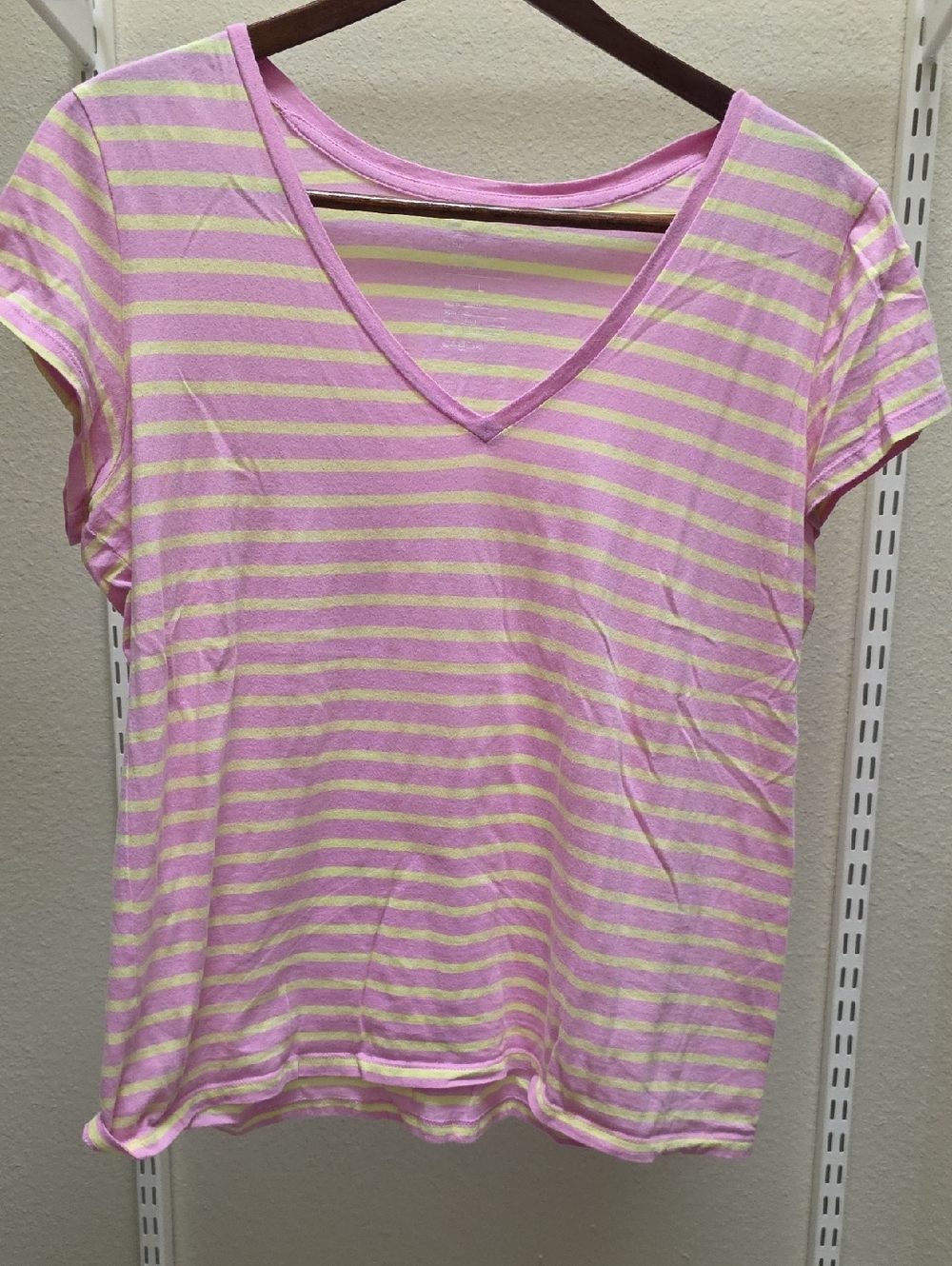 GAP Pink and Yellow Striped Short Sleeve V-Neck Tee
